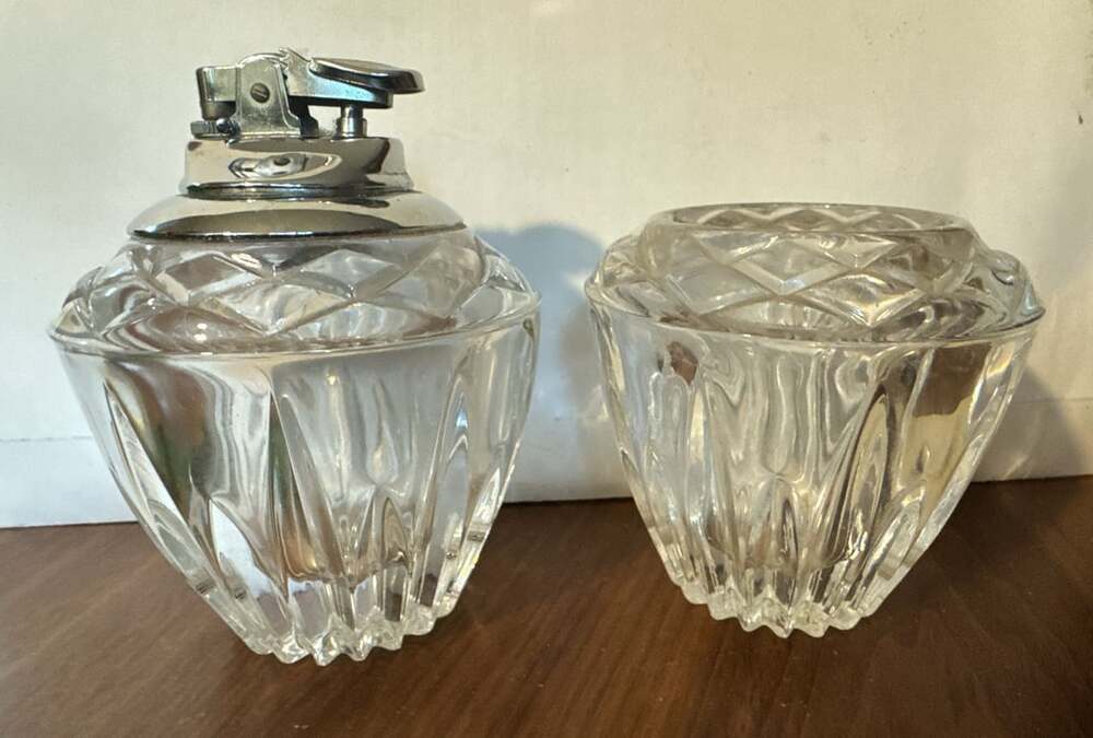 Vintage Crystal Table Lighter with Matching Ashtray Set